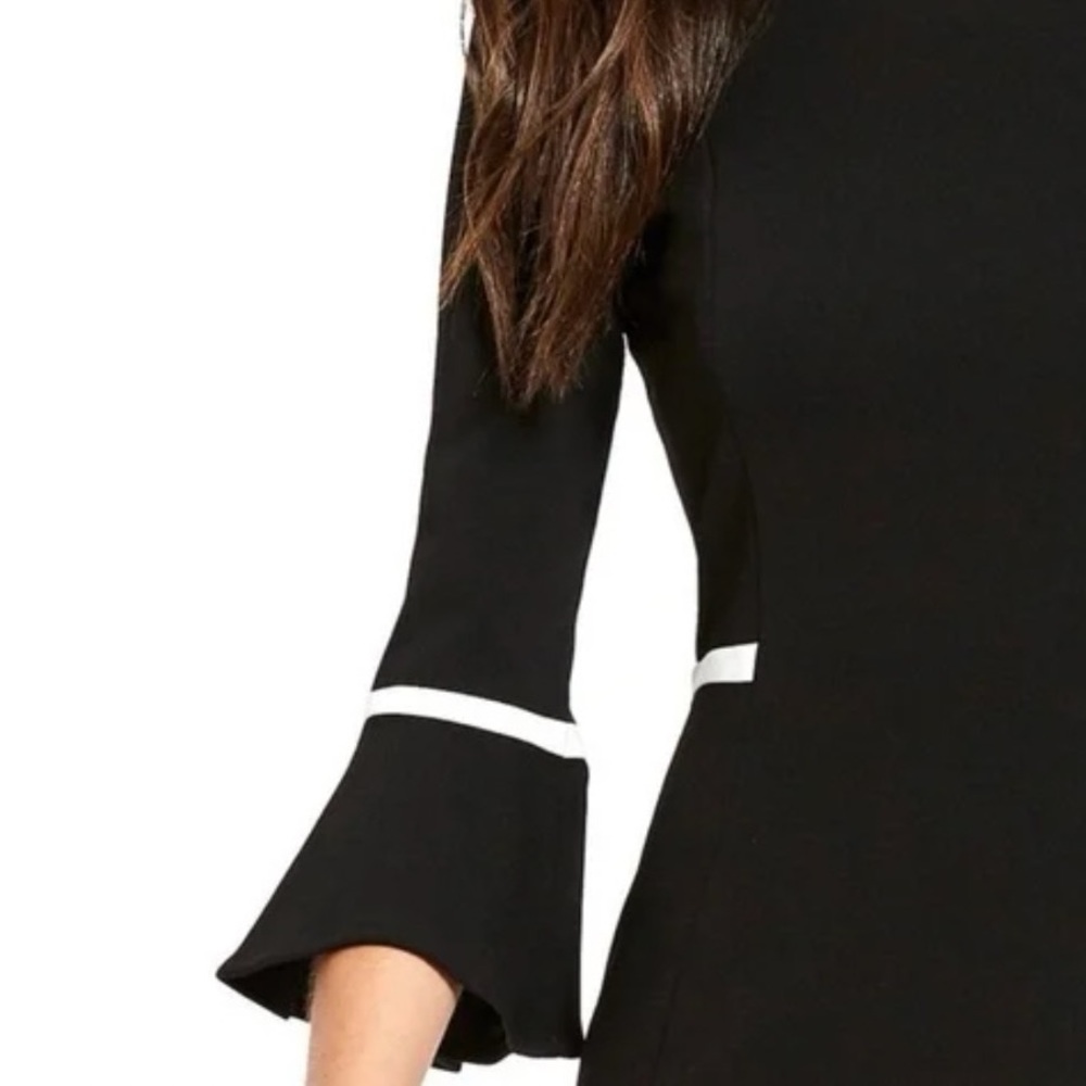 Calvin Klein Black Dress with Bell Sleeve and white piping detail, size 6 - Picture 4 of 8